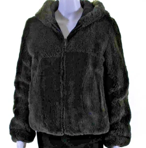 June Sheared dyed Rabbit Hooded Reversible Jacket Bomber Black Olive Fur S $450 - Picture 1 of 7