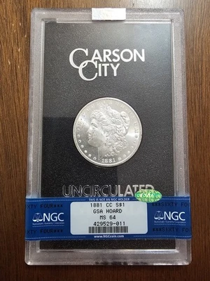 Dólar de plata Morgan Blast White 1881-CC MS64 GSA tesoro NGC y CAC con caja y certificado de autenticidad Foto 1 de 4
