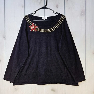 Quacker Factory Black Christmas Sweater Red Rhinestone Poinsettia 2X Holiday - Image 1 of 4