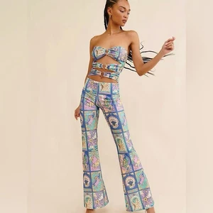 Oceanus Multicolor Zodiac Print Lurex Thread Jumpsuit with Cutouts Size XS - Picture 1 of 10
