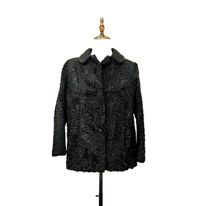 Vintage 50s 60s Kes II Black Curly Persian Lamb Coat Fur Jacket Hollywood MCM L - Picture 1 of 14