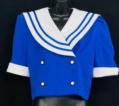 Blusa crop top marinero náutico azul vintage años 80 cuello blanco manga abullonada Foto 1 de 4