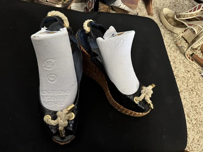 Alpargata de mimbre de charol azul TORY BURCH cuerda con cordones tacón de cuña 9 Foto 1 de 4