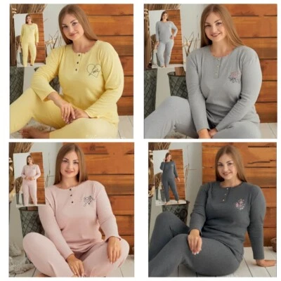 MARKENLOS Damen Große Größen Pyjama Warm Baumwolle Schlafanzug 2-Teiler Set Winter A-84