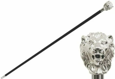 Bastón Cabeza de León Plateado Funcionando Hecho a Mano Steampunk Bastón de Madera Negro Regalo Foto 1 de 4
