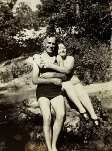 Woman Hugging Man In Swimsuit On Rock B&W Photograph 2.5 x 3.5 - Picture 1 of 3