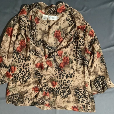 T36 KATHY CHE 12 BLUSA DELANTERA MARRÓN ROJO NEGRO VOLANTE FLORAL ESTAMPADO ANIMAL Foto 1 de 4