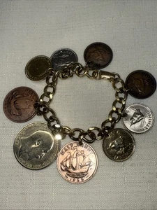 Vintage Coin Charm Bracelet With Antique British Coins & Gold-Tone Chain - Picture 1 of 4