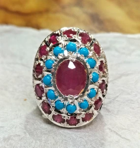 Natürlicher Rubin Stein mit natürlichem Türkis Stein Multi Stein Ring schwerer Ring - Bild 1 von 7
