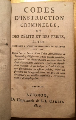 1810 E.O* CODE D'INSTRUCTION CRIMINELLE DELITS PEINES*DROIT NAPOLEON*LIVRE RARE* - Photo 1/4