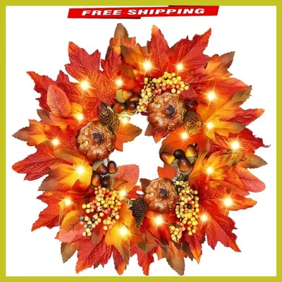 Beautiful Lighted Fall Wreath for Home Decor - 16” with Timer & Faux Accents - Image 1 of 4