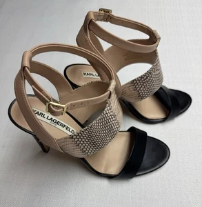 Karl Lagerfeld Paris Womens Puce Snake Print Leather Black Heels Size 8.5M High - Picture 1 of 9
