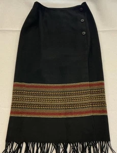Vintage Territory Ahead Wrap Skirt 10 Wool Blend Black Southwestern Fringe Aztec - Picture 1 of 9