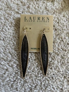 Ralph Lauren Gold Tone Feather Hang Earrings $29.99 New - Picture 1 of 6