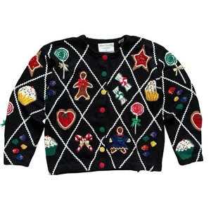 VTG 90s Marisa Christina Christmas Womens Sweater M Black Gingerbread Candy 1995 - Picture 1 of 8