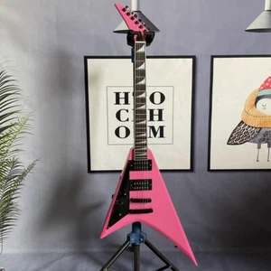 Left-Handed Pink V Shape Electric Guitar Solid Body Black Hardware Open Pickups - Picture 1 of 7