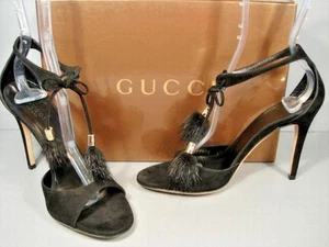 Gucci 39/9 Black Suede Mink Tassels Ankle Strap Sandals Heels Pumps Authentic - Picture 1 of 1