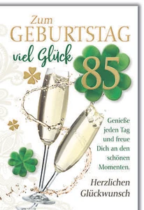 85. Geburtstag Glückwunschkarte mit Briefumschlag Sekt und Kleeblatt Spruch - Bild 1 von 1
