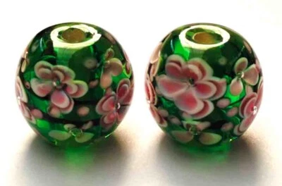10 cuentas de vidrio de murano hechas a mano vidrio rosa ciruela flor redonda sobre verde 14 mm Foto 1 de 4