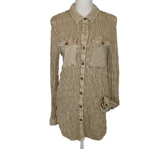 Anthropologie Pilcro Smocked Shacket Sz s Sand Beige Tan Button Up Shirt Jacket - Picture 1 of 19