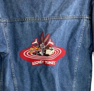 Vintage 90s Looney Tunes Embroidered Denim Trucker Jacket Small Bugs tweety Taz - Picture 1 of 10