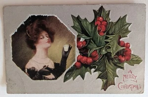 c 1907 Christmas Upper Class Leisure Wealthy Lady Gloves Gown Holly Berries - Picture 1 of 2