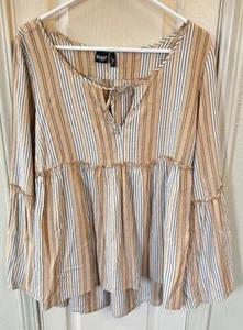 Cruel Girl Womens Med Yellow Striped V-neck Peasant Boho Long Sleeve Blouse - Picture 1 of 6
