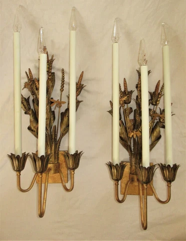 2 (PAIR) VTG TOLE ITALY FLORENTINE 3 METAL SCONCE CHANDELIER WALL FIXTURE 1960's Cover