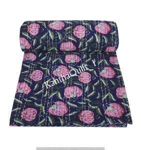 Indian Handmade Quilt Vintage Kantha Bedspread Throw Cotton Blanket Block Print - Picture 1 of 5