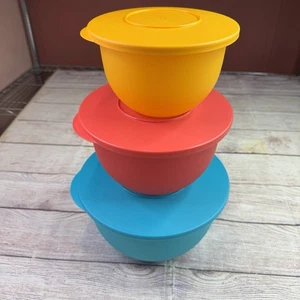 Tupperware Set Ciotole di Miscelazione 3pz con Coperchi 1,3L 2,5L 4,3L Giallo Rosso Blu Set Usato in Ottime Condizioni - Foto 1 di 12