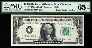 1969d $1 Cleveland *RADAR* Federal Reserve Note FRN • 1907-D • PMG 65 EPQ - Picture 1 of 2