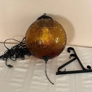 Vintage MCM Amber Globe Hanging Swag Lamp with 14 Foot Chain Pull String Bracket - Picture 1 of 7