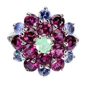 925 Sterling Silver Ring Round Emerald Rhodolite Tanzanite Gemstone Jewelry Sz 9 - Picture 1 of 14
