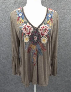 Johnny Was Top Womens XL Pullover 3/4 Sleeve Embroidered Floral Gray Knit V-Neck - Picture 1 of 17