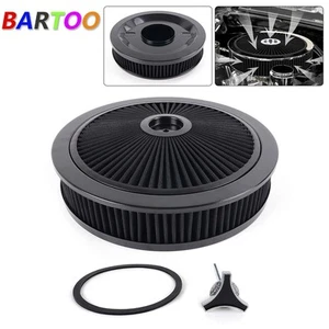 Black 14" x 3" Round Super Flow Thru Air Cleaner Washable For 5-1/8 Carb Neck - Picture 1 of 10