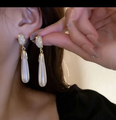 Pendientes colgantes largos blancos crema perlas doradas blancas grandes concurso nupcial Foto 1 de 4