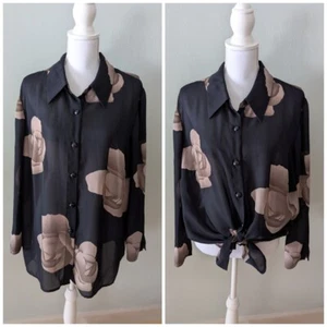 90s Vintage Women's XL/XXL Black Brown Floral Sheer Blouse Long Tunic Button Up - Picture 1 of 9