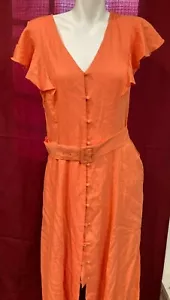 Women Coral Peach Linen Dress 14 XL Summer Donna Morgan Button Down Belt New NWT - Picture 1 of 9