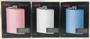 OGGI Glimmer Stainless Steel 6-oz Hip Flask w/Funnel Blue/Pink/Silver BRAND NEW - Picture 1 of 10