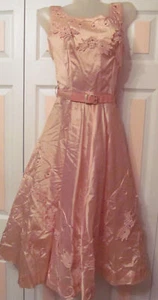 rare 50's SUZY PERETTE peach pink full skirt pin up party silk applique dress S - Picture 1 of 8