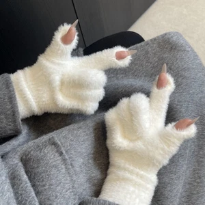 Soft Warm Open Finger Touch Screen Gloves Fluffy Plush Full Finger Gloves Mitten - Picture 1 of 21