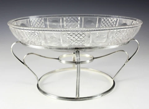 London Georgian .925 Silver Stand & Crystal Centerpiece Bowl, Henry Holland 1807 Cover