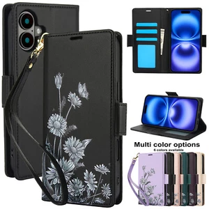 Leather Daisy Wallet Phone Case For iPhone 16 15 14 13 12 11 Pro Max 7 8 SE 16E - Picture 1 of 17