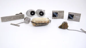 Vintage Lot of Cuff Links Tie Tack Bar Clip Silver Tone Agate - Picture 1 of 8