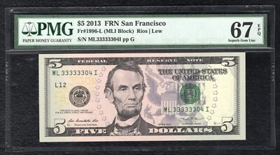 FR. 1996-L 2013 $5 FRN “NEAR SOLID S/N ML33333304I” PMG GEM UNCIRCULATED-67EPQ - Image 1 of 2
