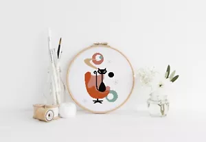 Retro Mid Century Black Atomic Cat Counted Cross Stitch Pattern - Picture 1 of 4