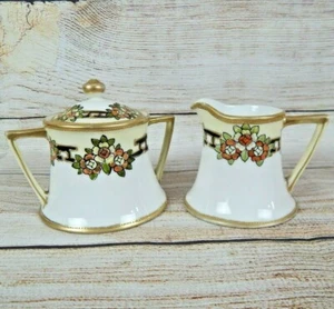 Antique Noritake Creamer & Sugar Bowl Set Flowers Gold Nippon Norimura 1914-1921 - Picture 1 of 11