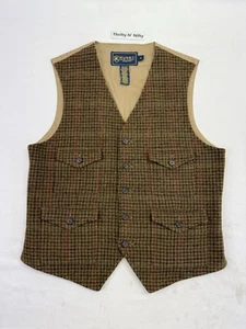 VTG Ralph Lauren Rugby Men Vest Tweed Wool Brown Herringbone Waistcoat Medium - Picture 1 of 10