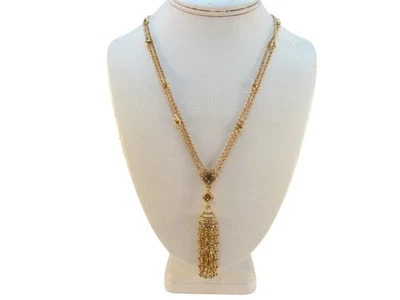 Colar longo de borla ornamentado de corrente dupla tom dourado assinado CN - Imagem 1 de 4