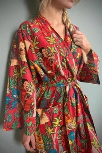 Indian Handmade Red Kahlo Printed Cotton Kimono Robe One Size Women Bathrobe - Picture 1 of 4